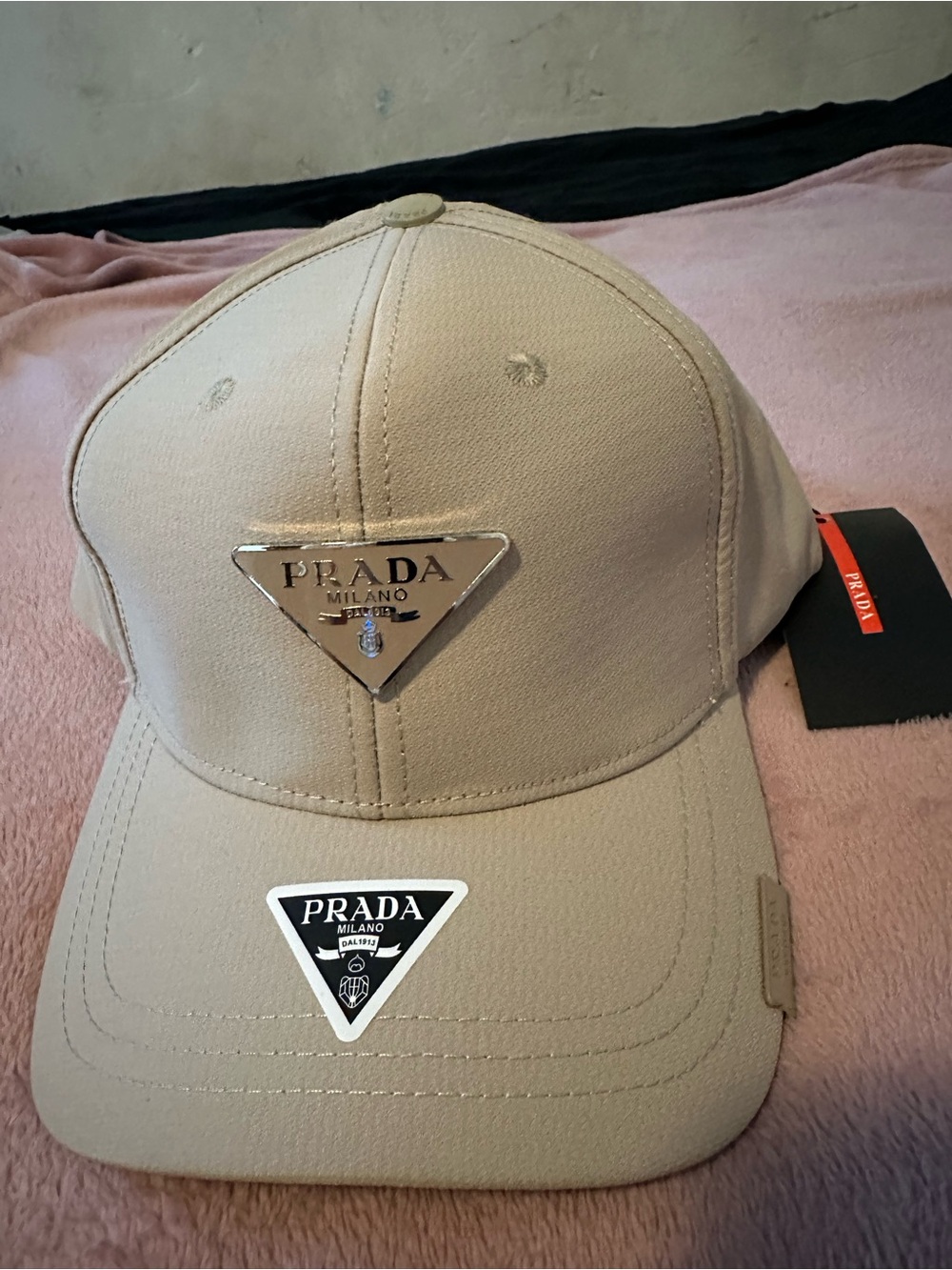 Prada Beige Men's Triangle Logo Baseball Cap